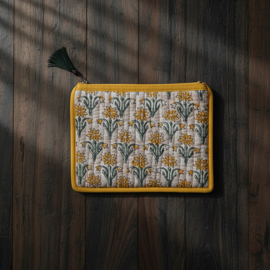 Off White-yellow Bagru Floral Print Cotton Pouch