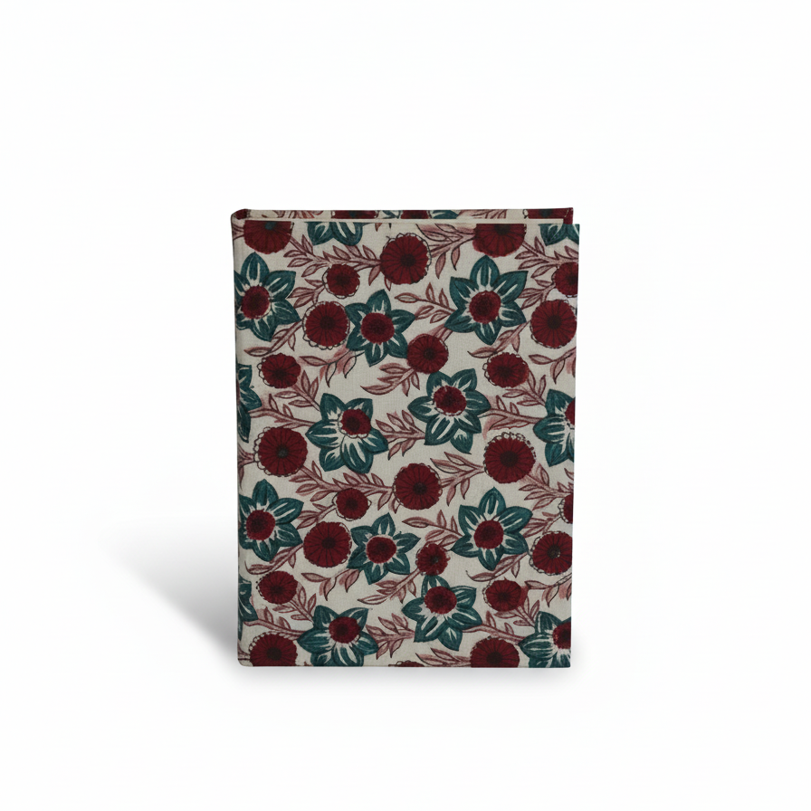 White Red Sanganeri Floral Print Fabric Notebook