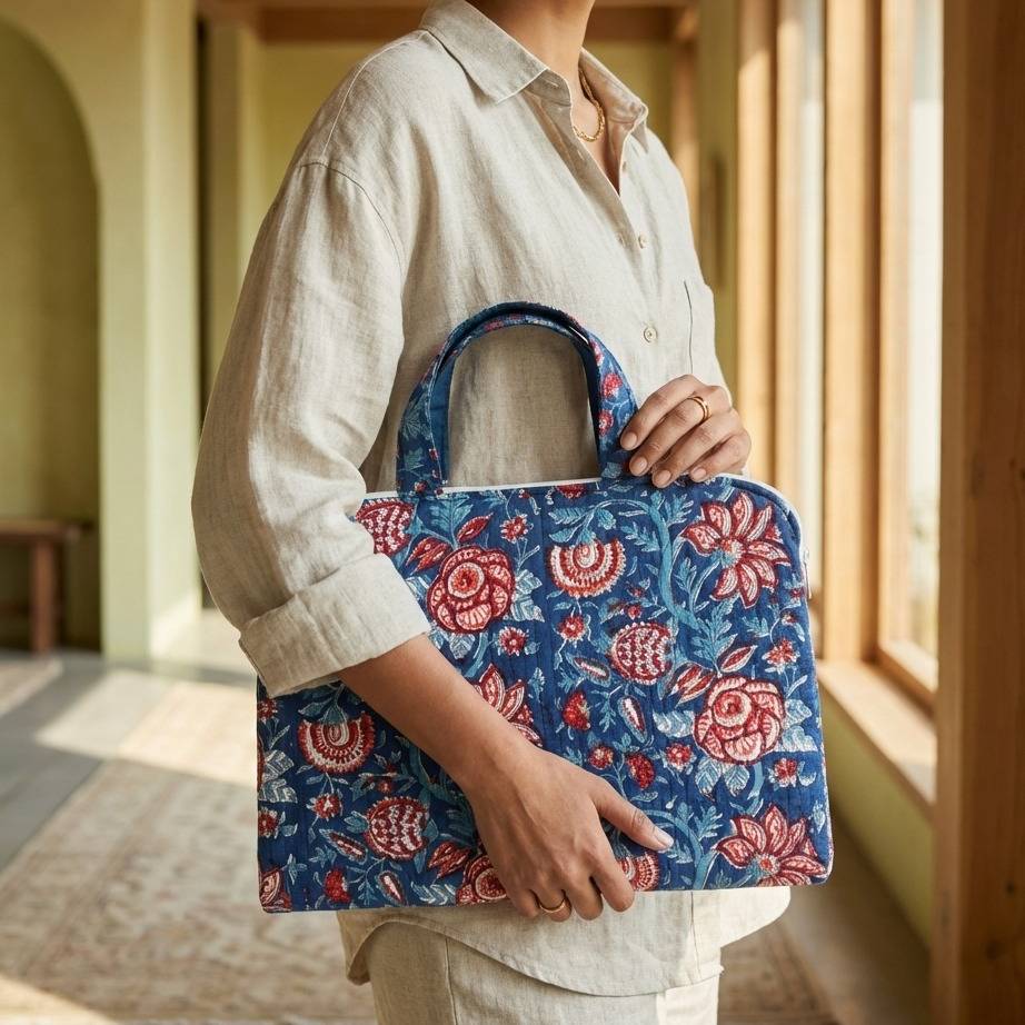 Indigo Bagru Red Floral Print Handbag