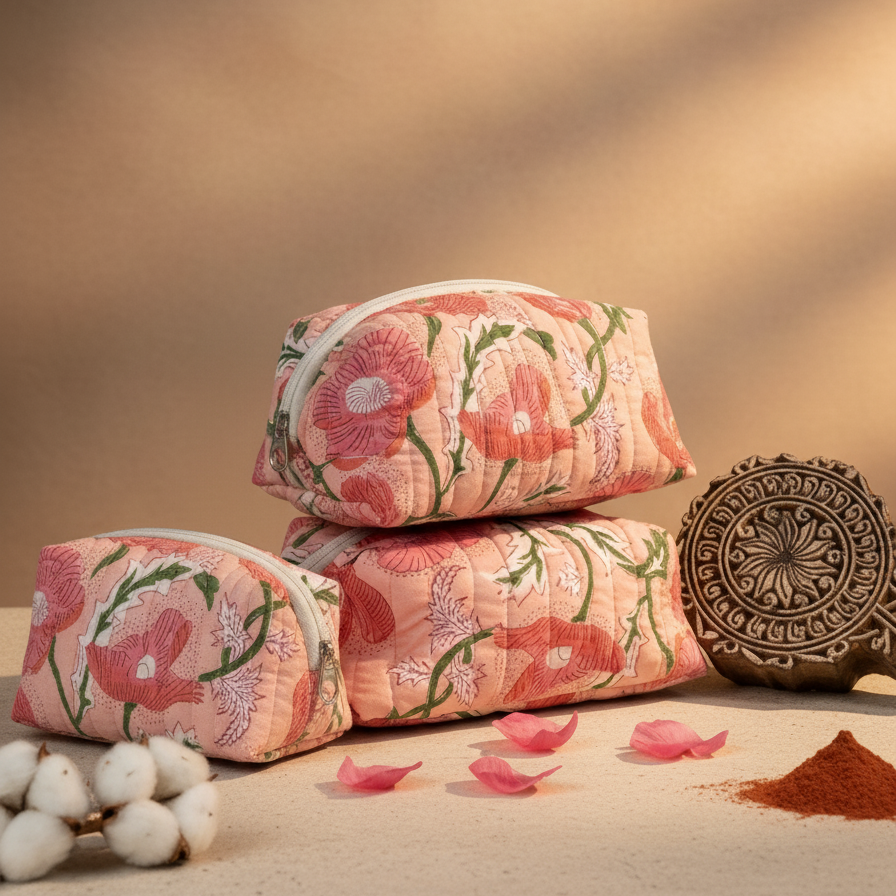 Pink Sanganeri Floral Print Quilted Pouch Set