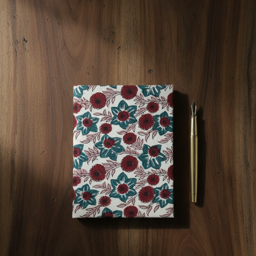 White Red Sanganeri Floral Print Fabric Notebook