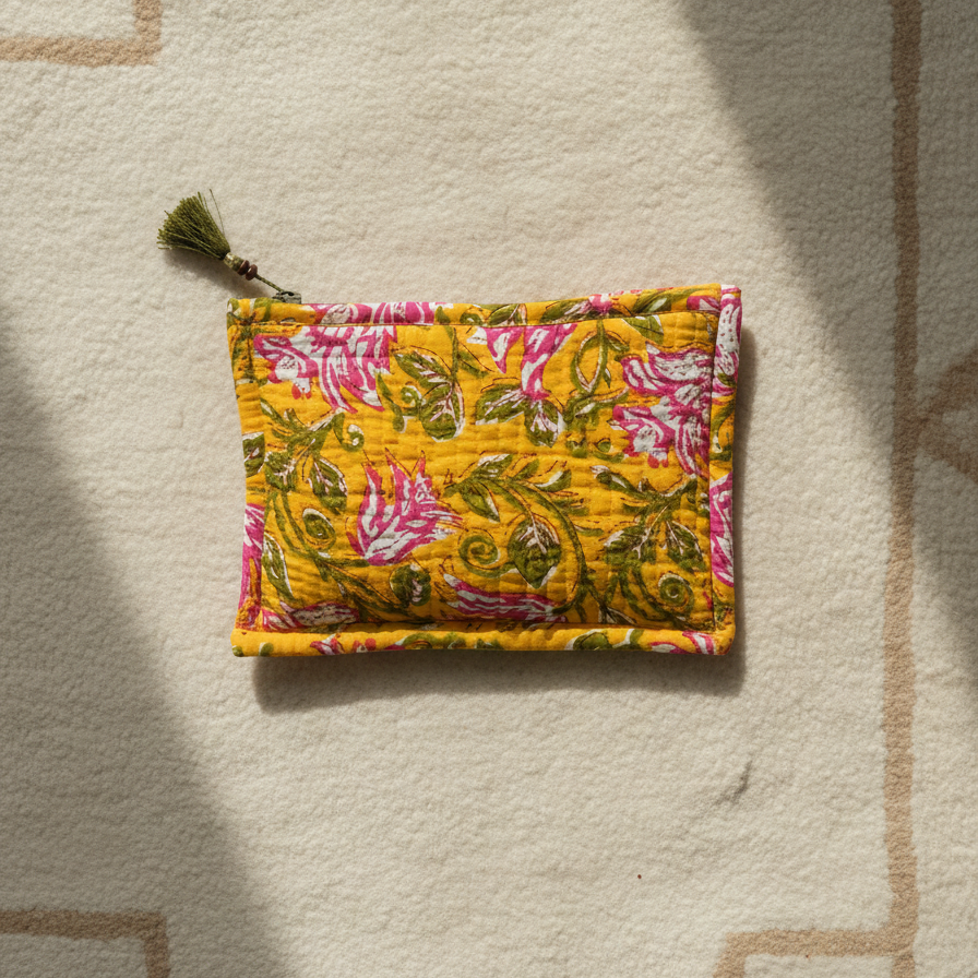 Mustard Kalamkari Floral Leaf Print Cotton Pouch