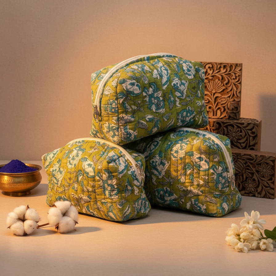Green Bagru Floral Print Quilted Storage Basket Set