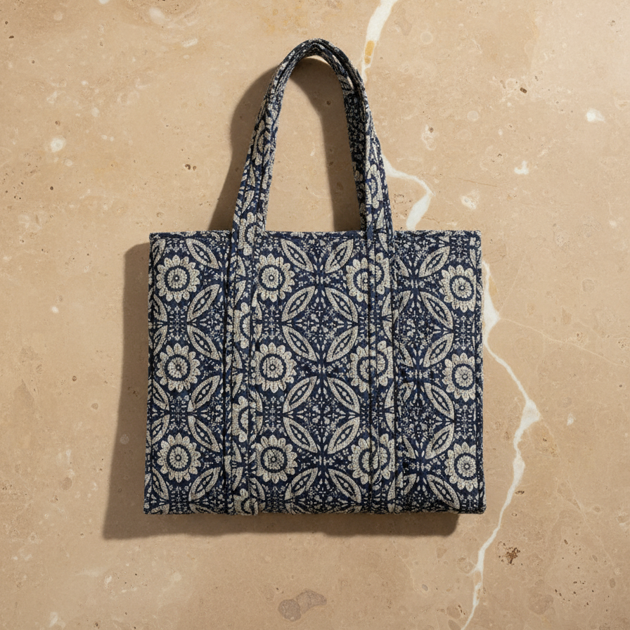 Indigo Ajrakh Geometric Print Tote Bag