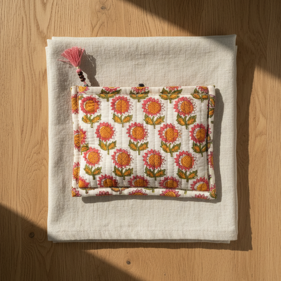 White Orange Sanganeri Buti Print Cotton Pouch