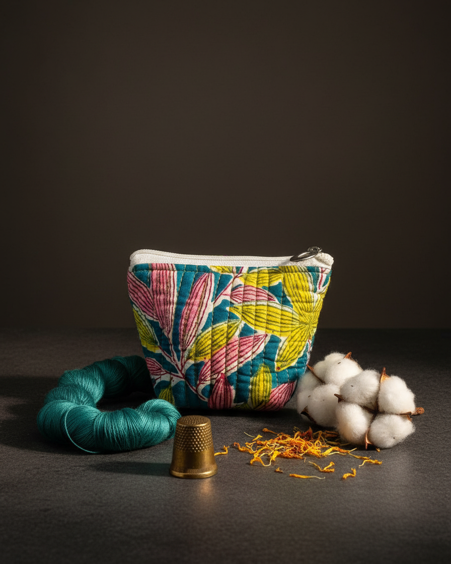 Multicolor Kalamkari Leaf Print Mini Pouch