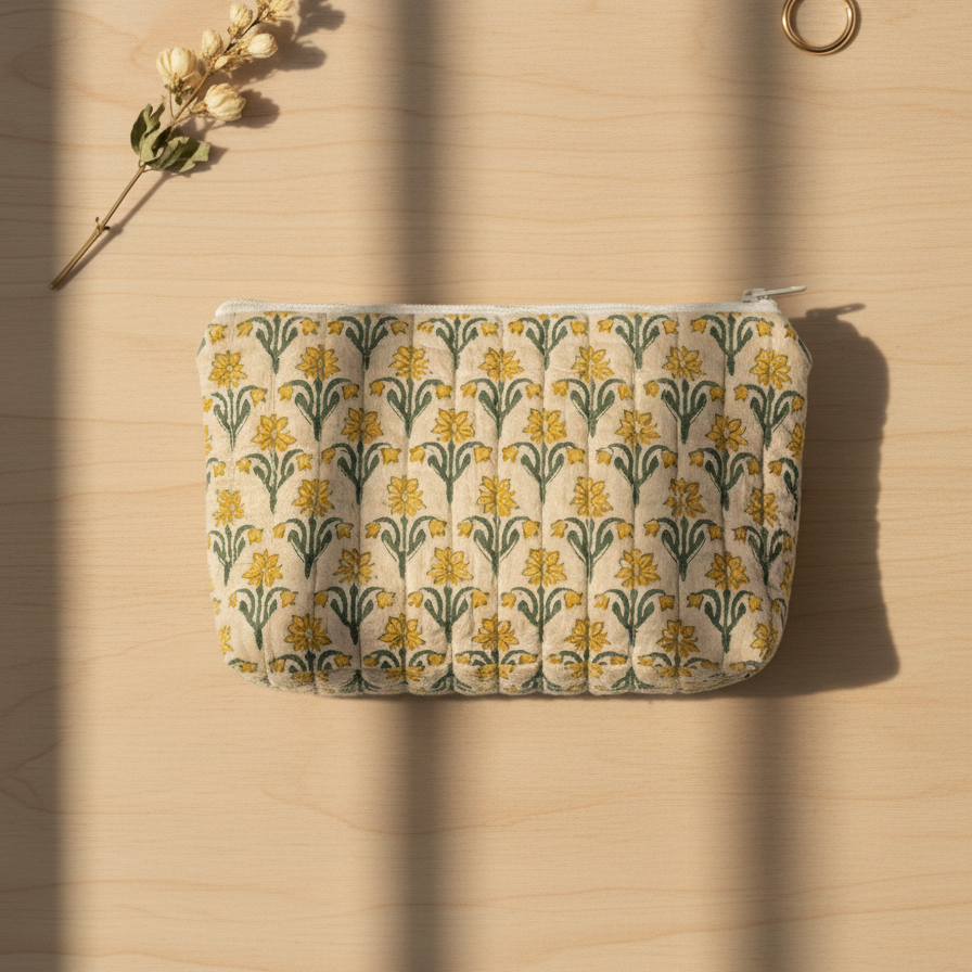 Mustard Bagru Buti Print Pouch Set