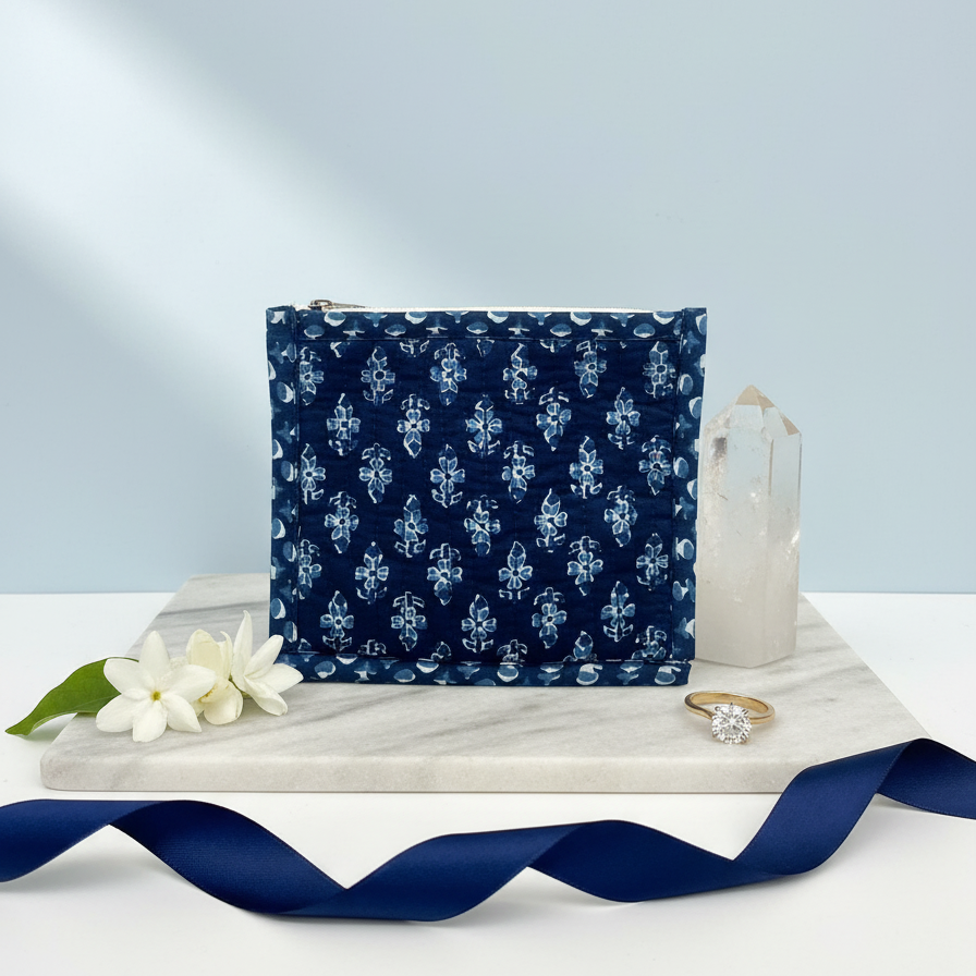 Navy Ajrakh Geometric Print Zipper Pouch