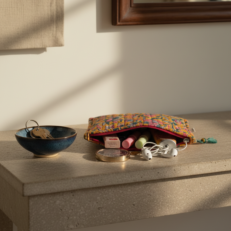 Yellow-pink Kalamkari Floral Print Vanity Case