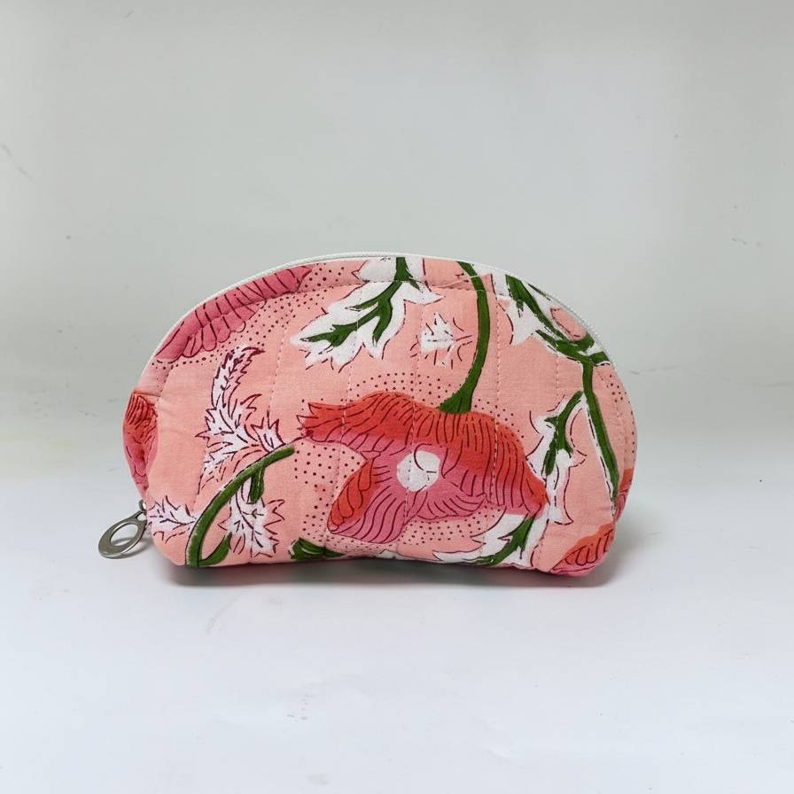 Peach Kalamkari Flower Print Cotton Pouch