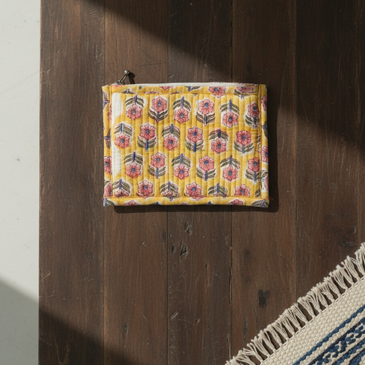 Mustard Ajrakh Geometric Print Cotton Pouch