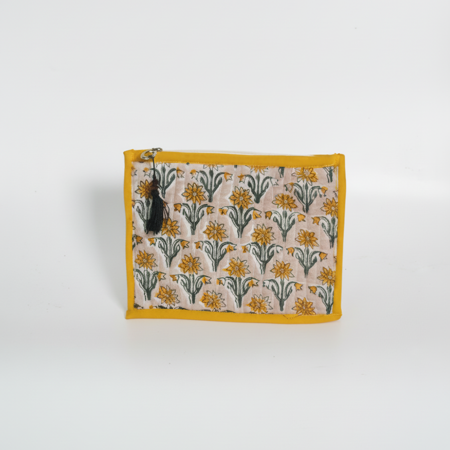 Off White-yellow Bagru Floral Print Cotton Pouch