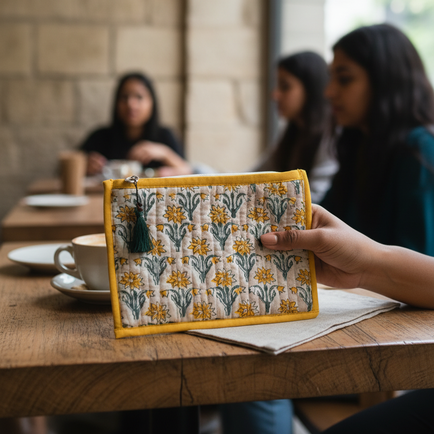 Off White-yellow Bagru Floral Print Cotton Pouch