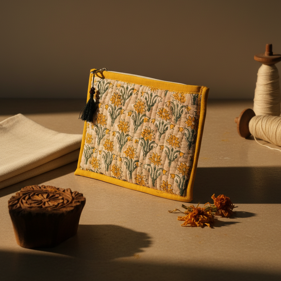 Off White-yellow Bagru Floral Print Cotton Pouch