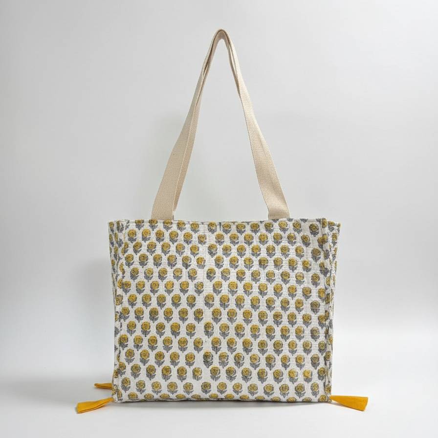 Beige Sanganeri Buta Print Drawstring Tote Bag