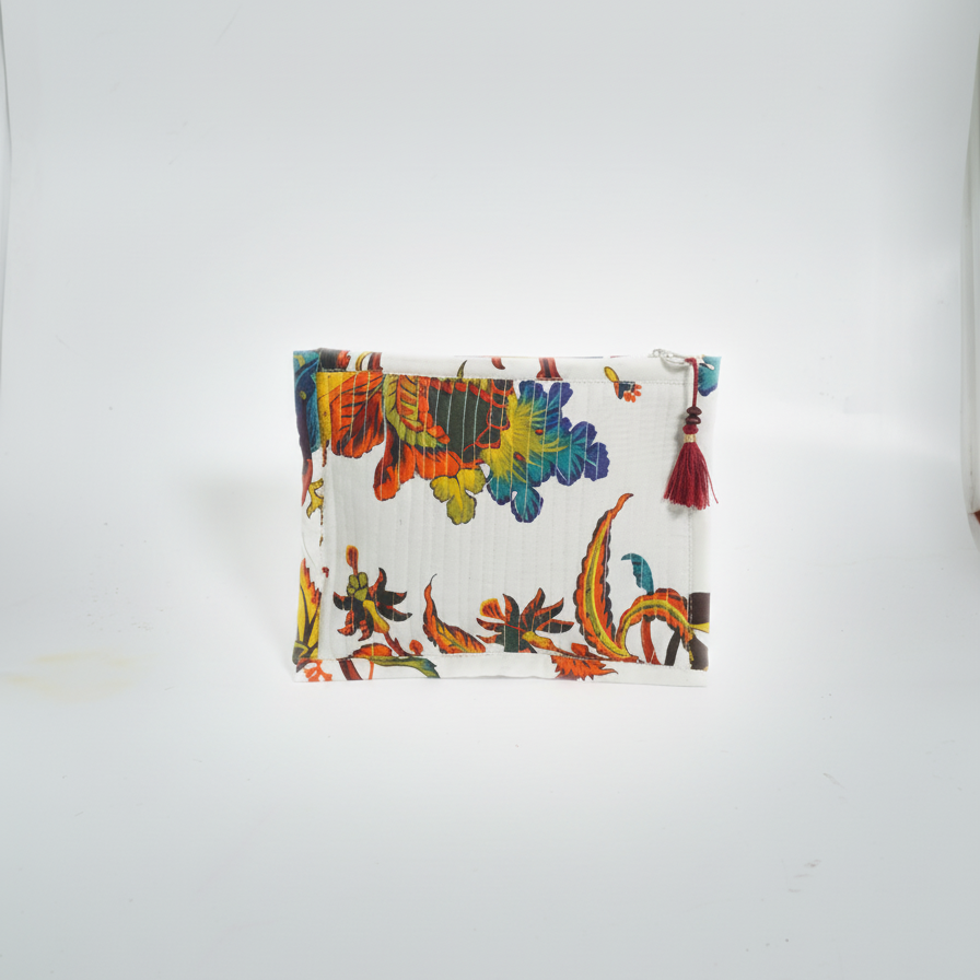 White Multicolor Kalamkari Animal Print Cotton Pouch