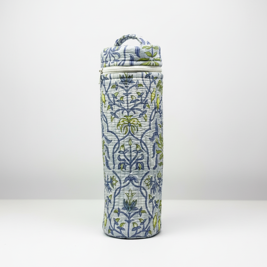 White Blue Sanganeri Floral Print Water Bottle Cover