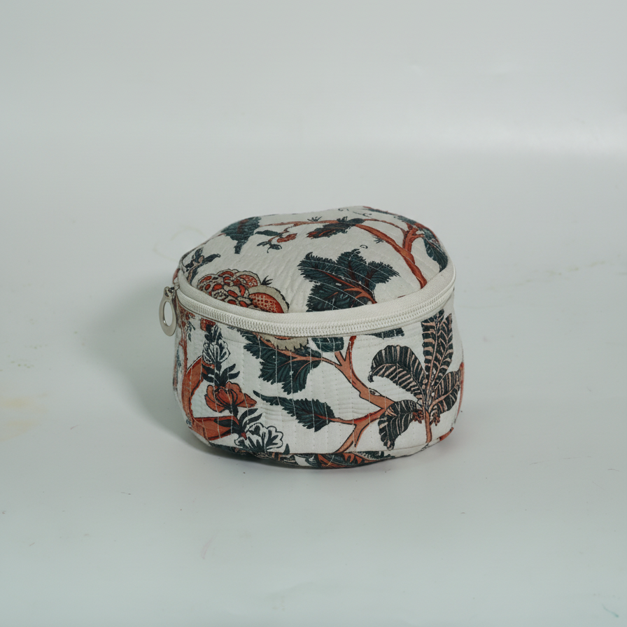 Ivory Multicolor Floral Print Round Vanity Case