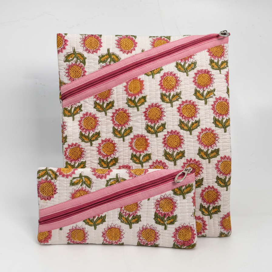 White Pink Sanganeri Buti Print Zipper Pouch