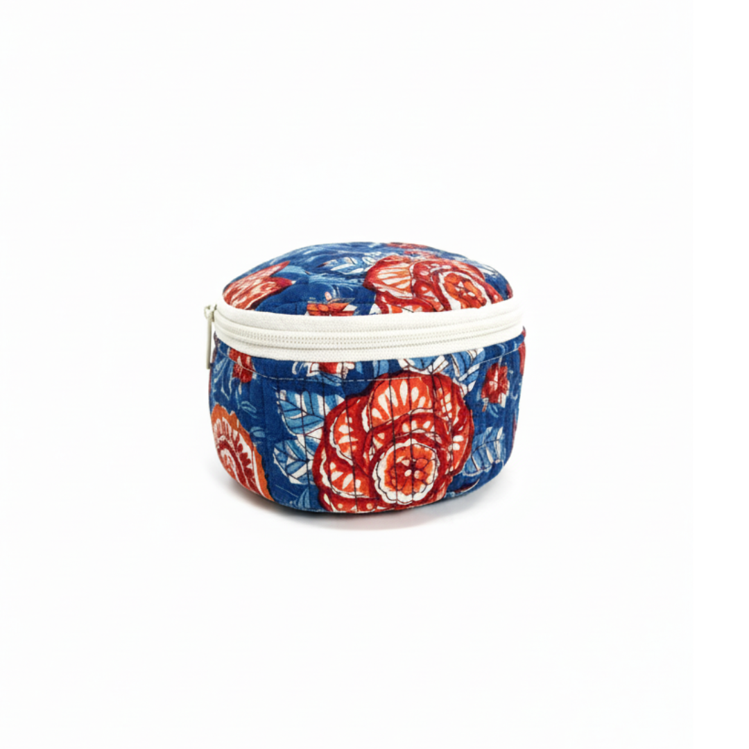 Blue Kalamkari Floral Print Round Jewelry Box