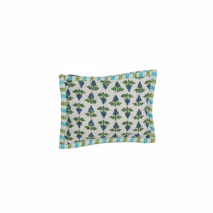 White Green Dabu Buti Print Cotton Pouch