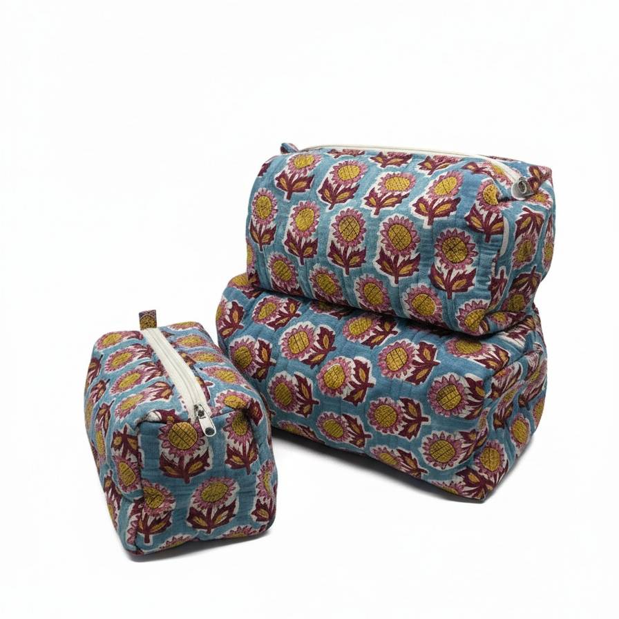 Multicolor Bagru Floral Print Quilted Travel Pouch Set