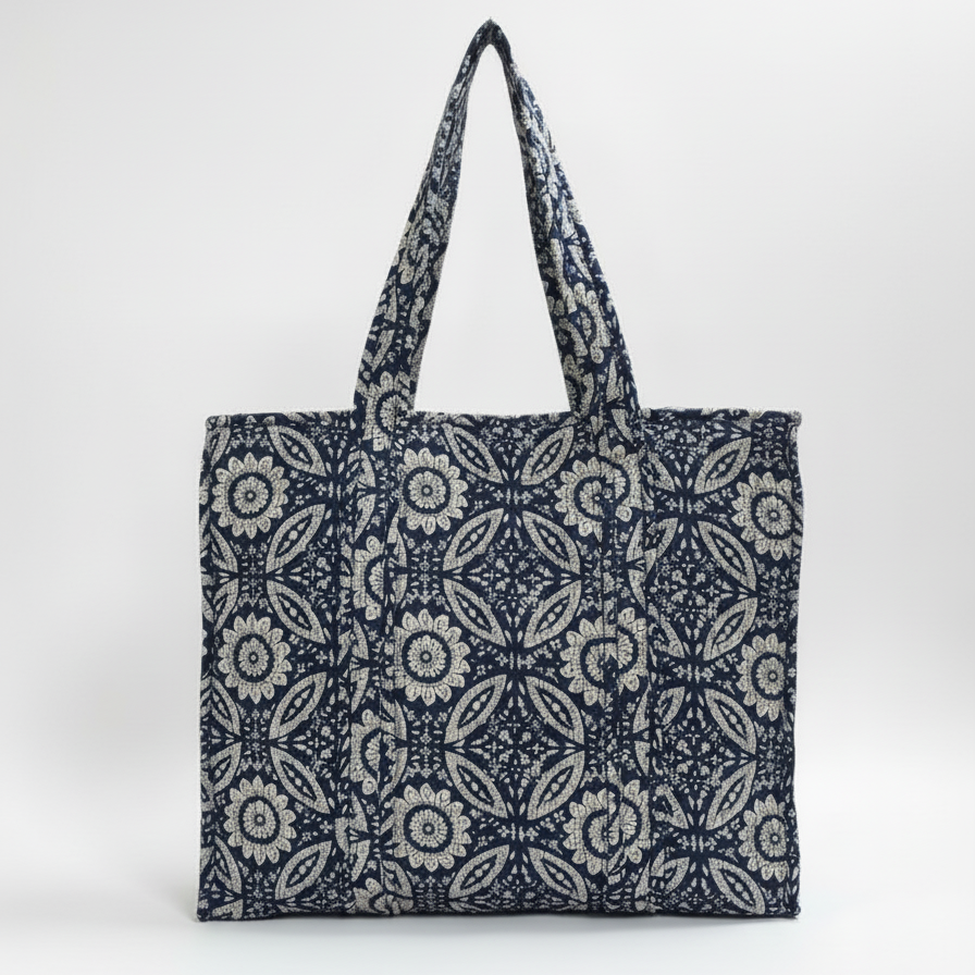 Indigo Ajrakh Geometric Print Tote Bag