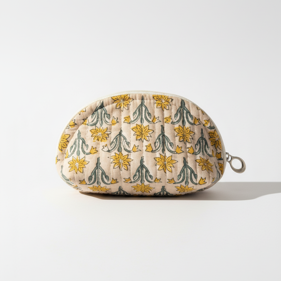 Off White Bagru Floral Print Half Moon Pouch