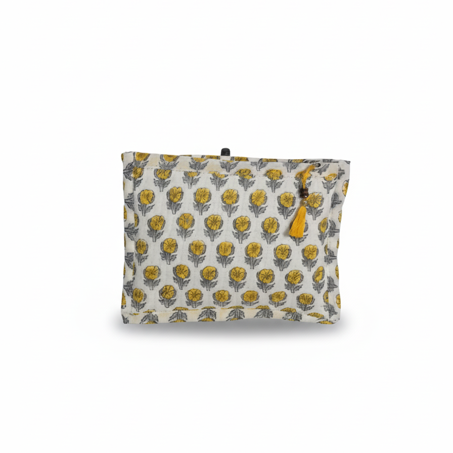 White Yellow Floral Bagru Print Cotton Pouch