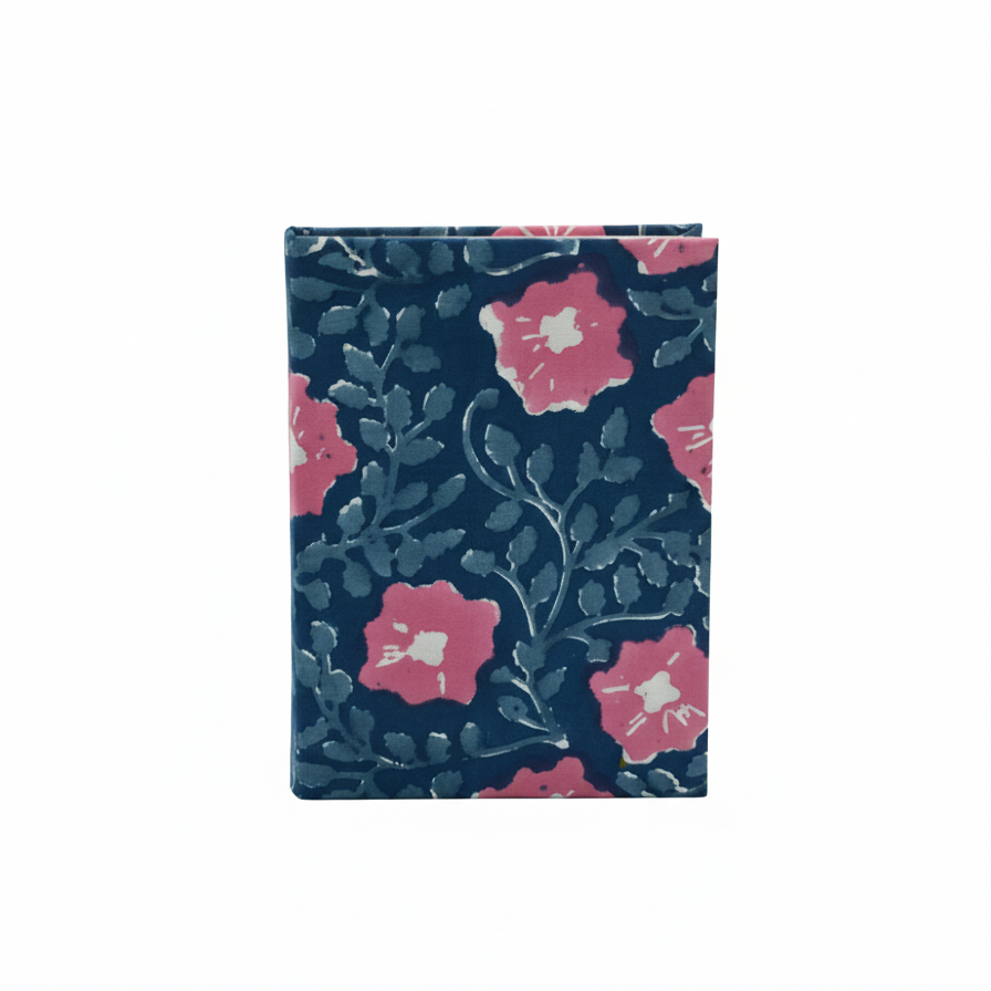 Navy Blue Kalamkari Floral Print Fabric Notebook
