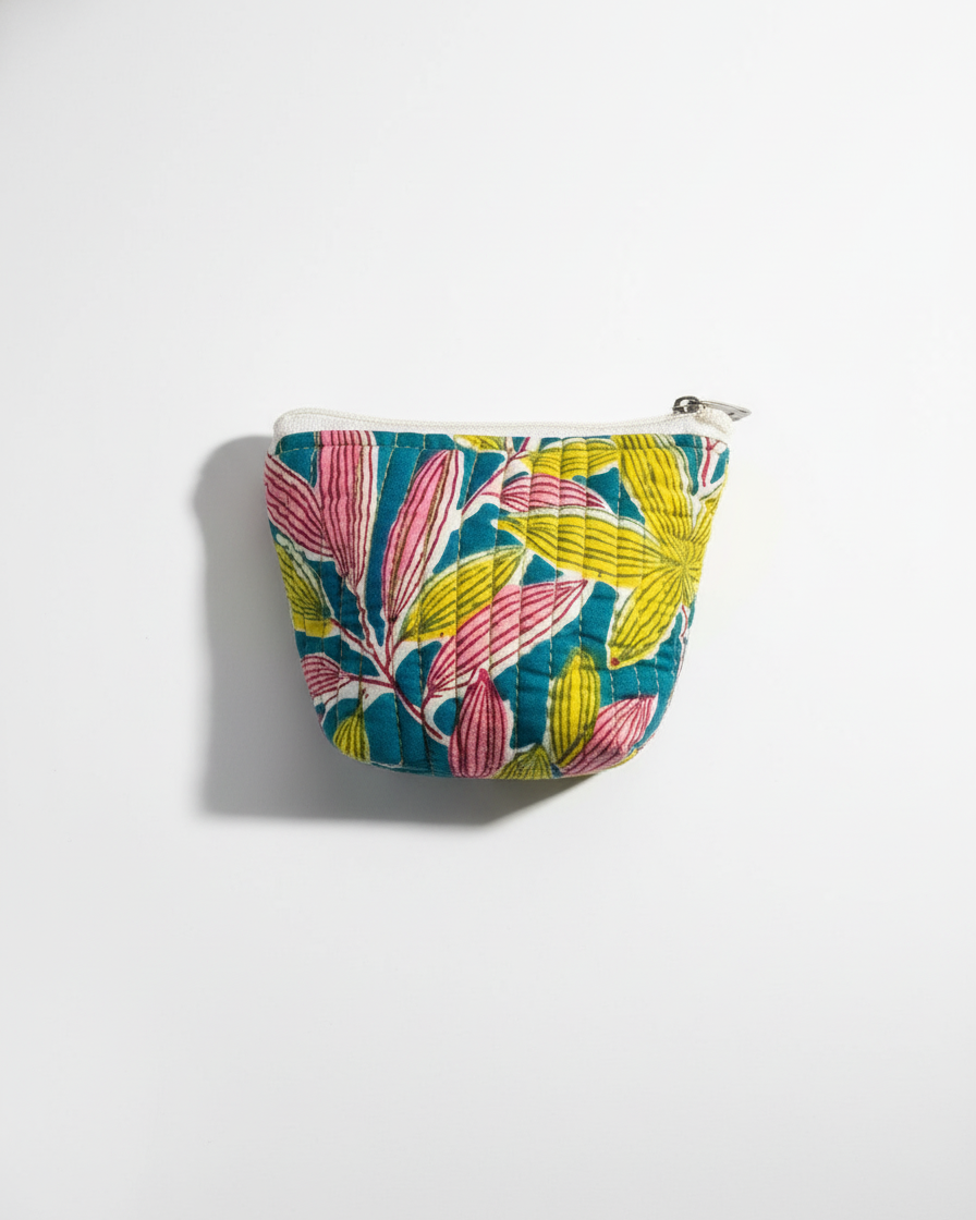Multicolor Kalamkari Leaf Print Mini Pouch