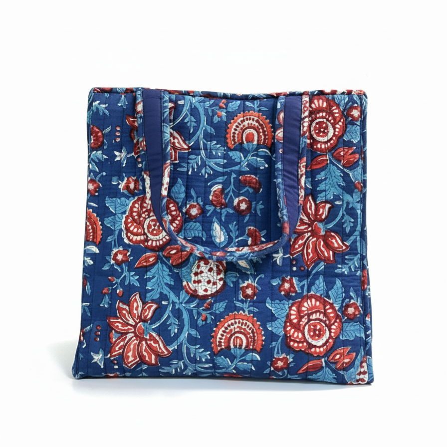 Indigo-Red Bagru Floral Print Shoulder Tote Bag