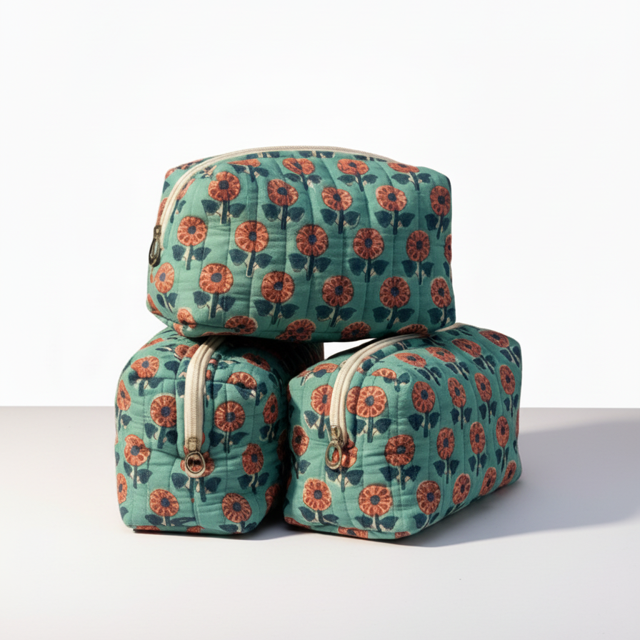 Turquoise Bagru Floral Print Quilted Storage Basket Set