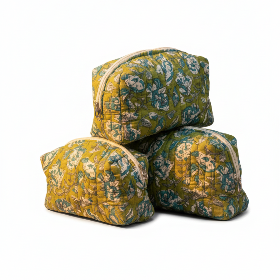 Green Bagru Floral Print Quilted Storage Basket Set