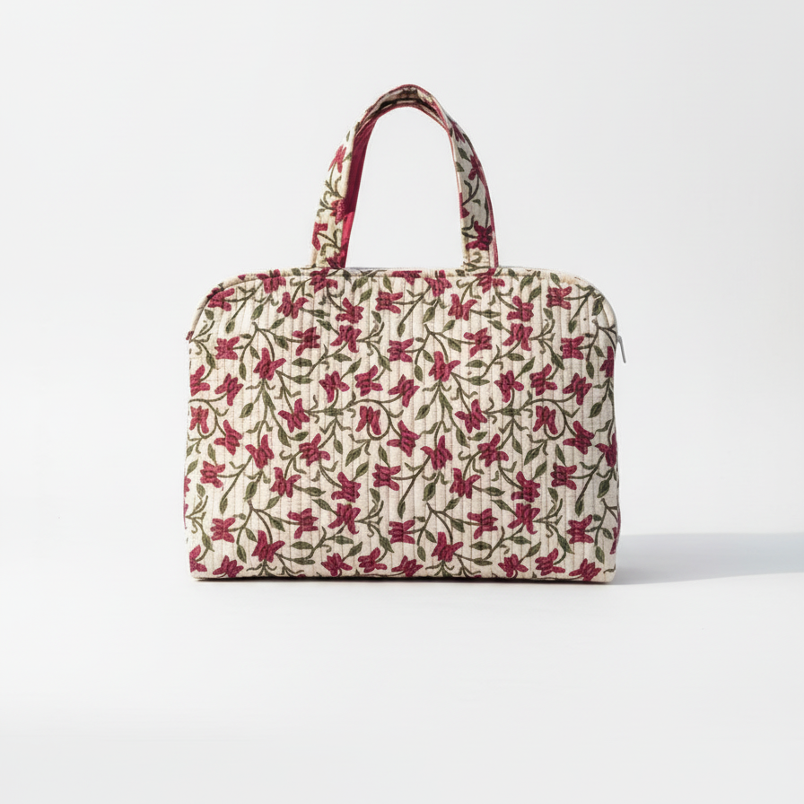 Cream Sanganeri Floral Print Handbag