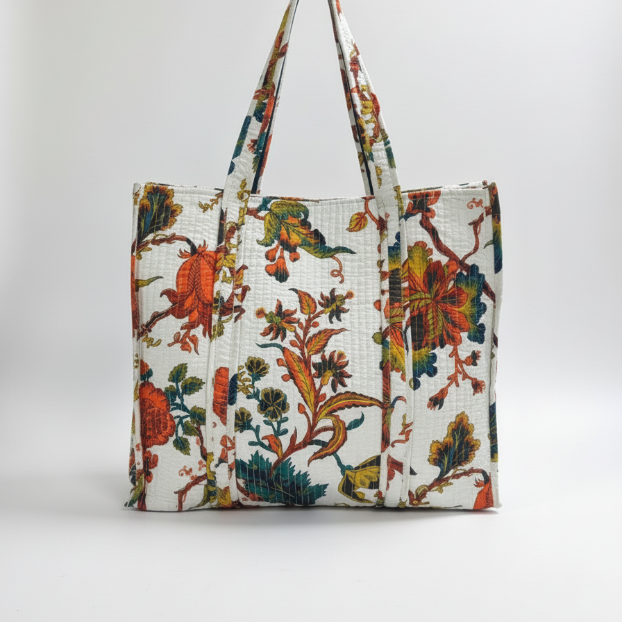 Off White Kalamkari Floral Print Tote Bag