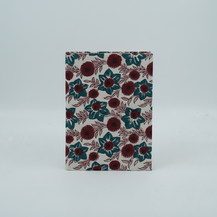 White Red Sanganeri Floral Print Fabric Notebook
