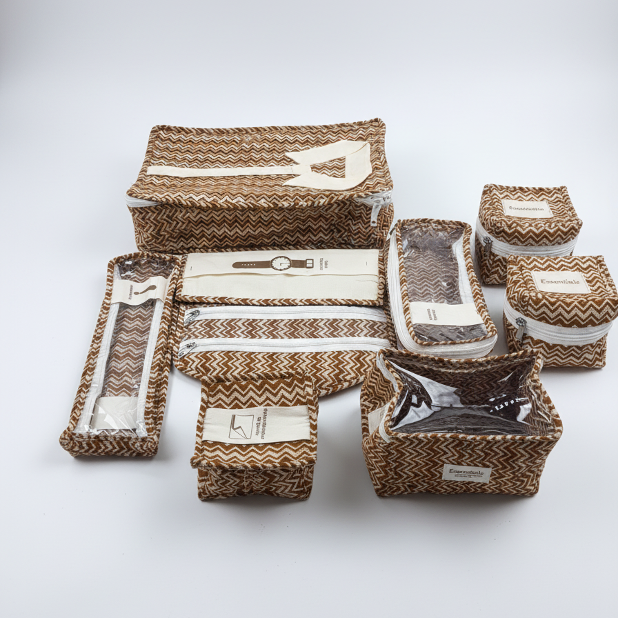 Brown Handwoven Textured Print Travel Organiser Set
