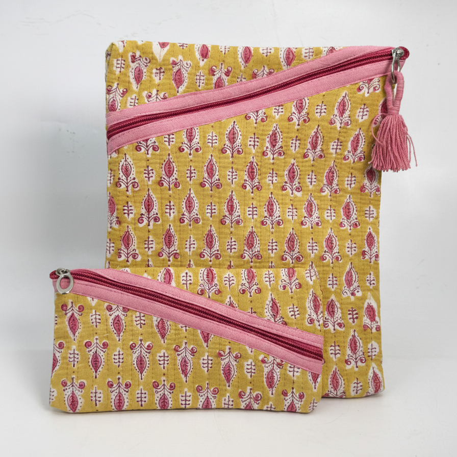 Mustard Sanganeri Booti Print Zipper Pouch Set