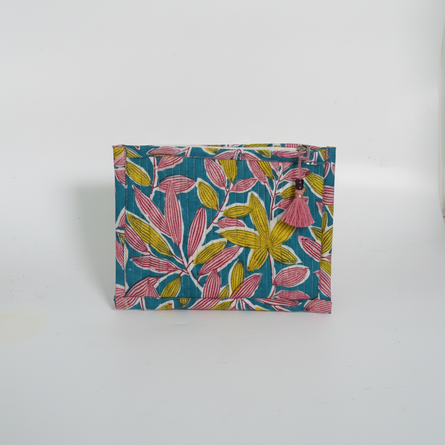 Multicolor Kalamkari Leaf Print Cotton Pouch