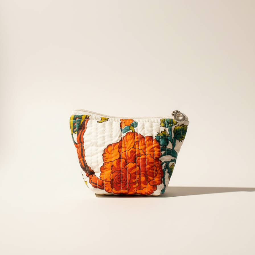 Off White Kalamkari Floral Print Coin Pouch
