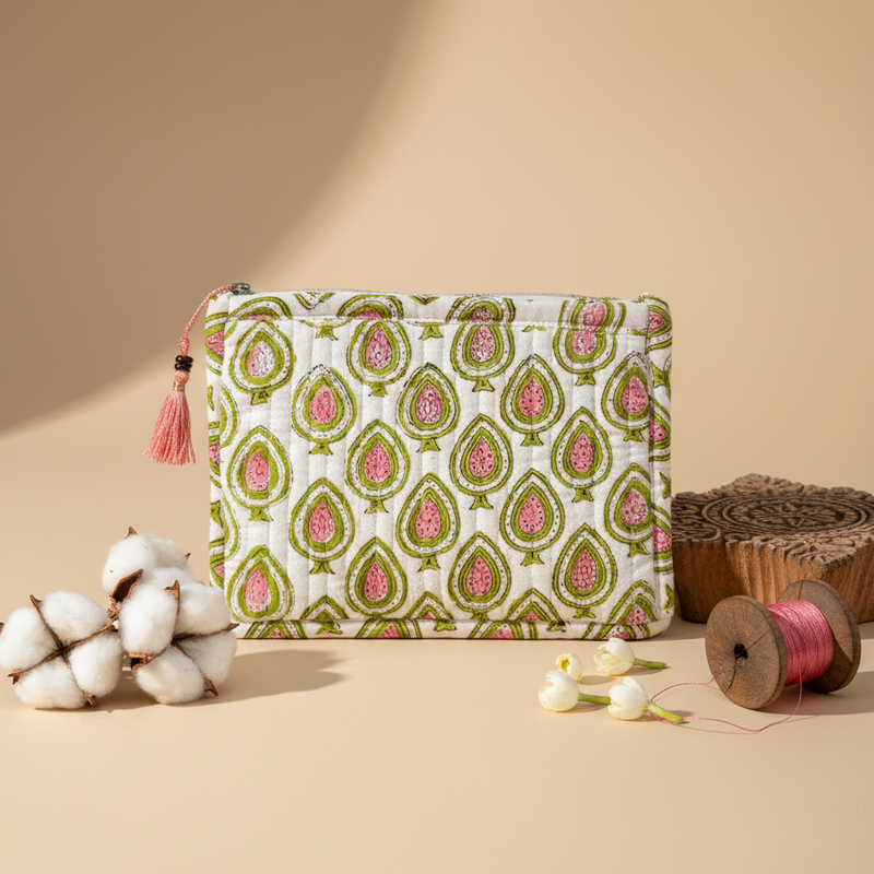 White Green Dabu Buti Print Cotton Pouch