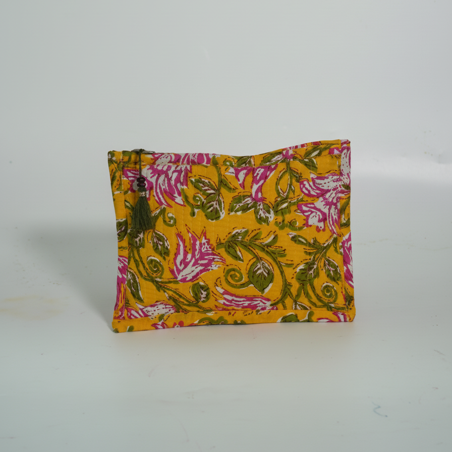 Mustard Kalamkari Floral Leaf Print Cotton Pouch