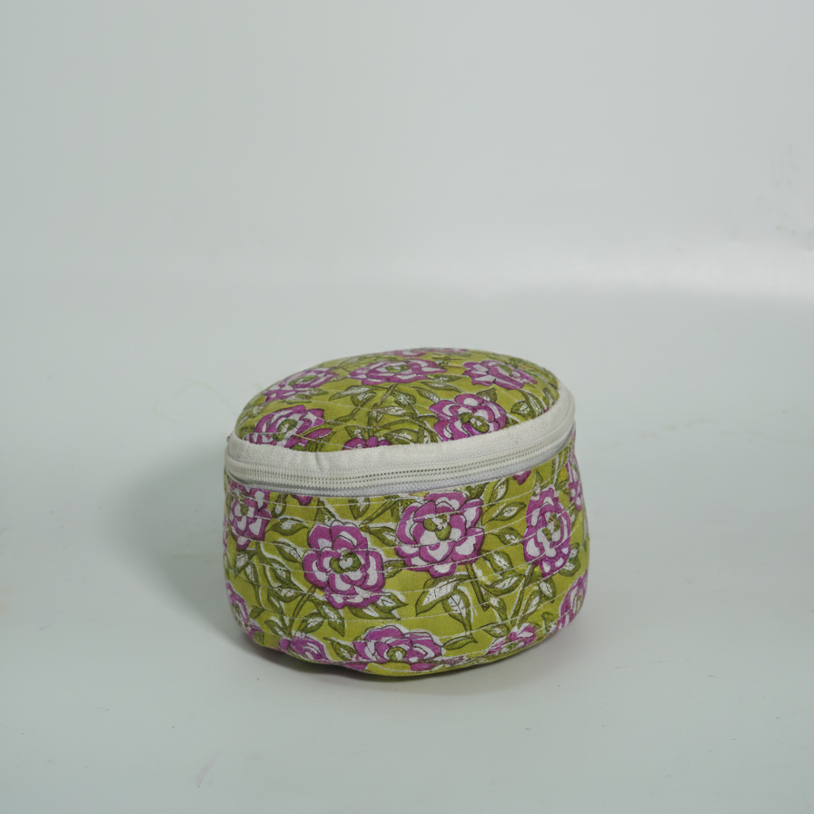 Green Pink Floral Print Round Vanity Case