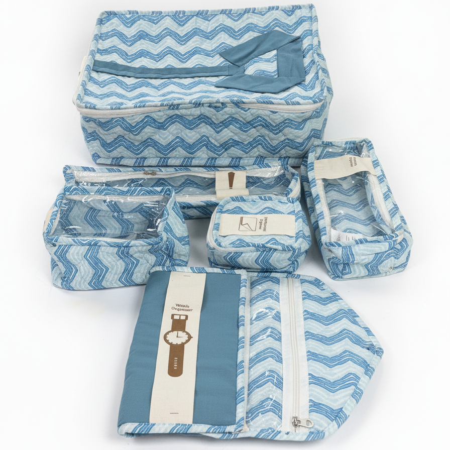 Sky Blue Dabu Chevron Print Travel Organizer Set