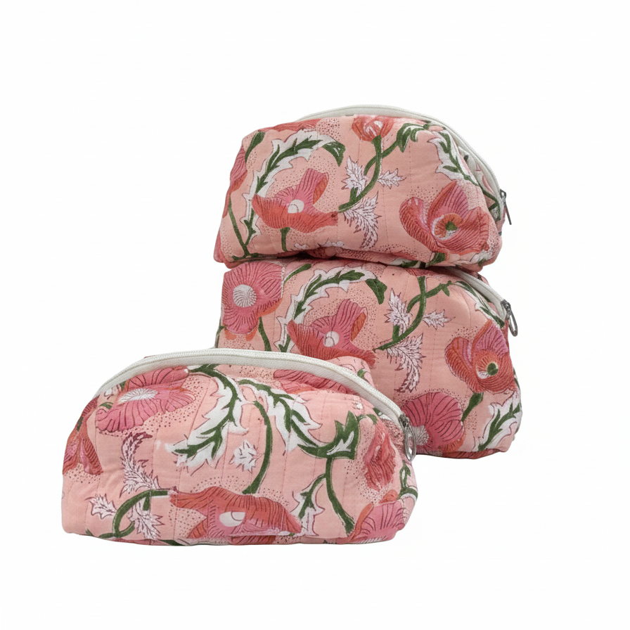 Pink Sanganeri Floral Print Quilted Pouch Set