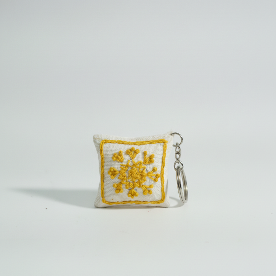 Off White Hand Embroidered Floral Keychain