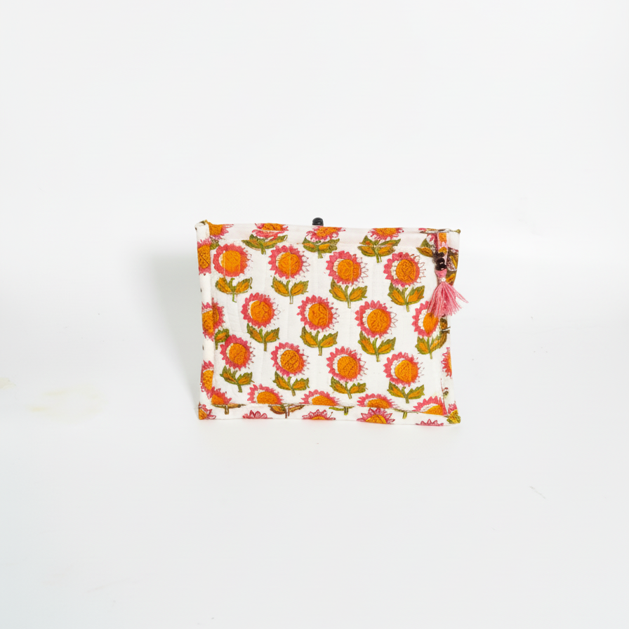 White Orange Sanganeri Buti Print Cotton Pouch