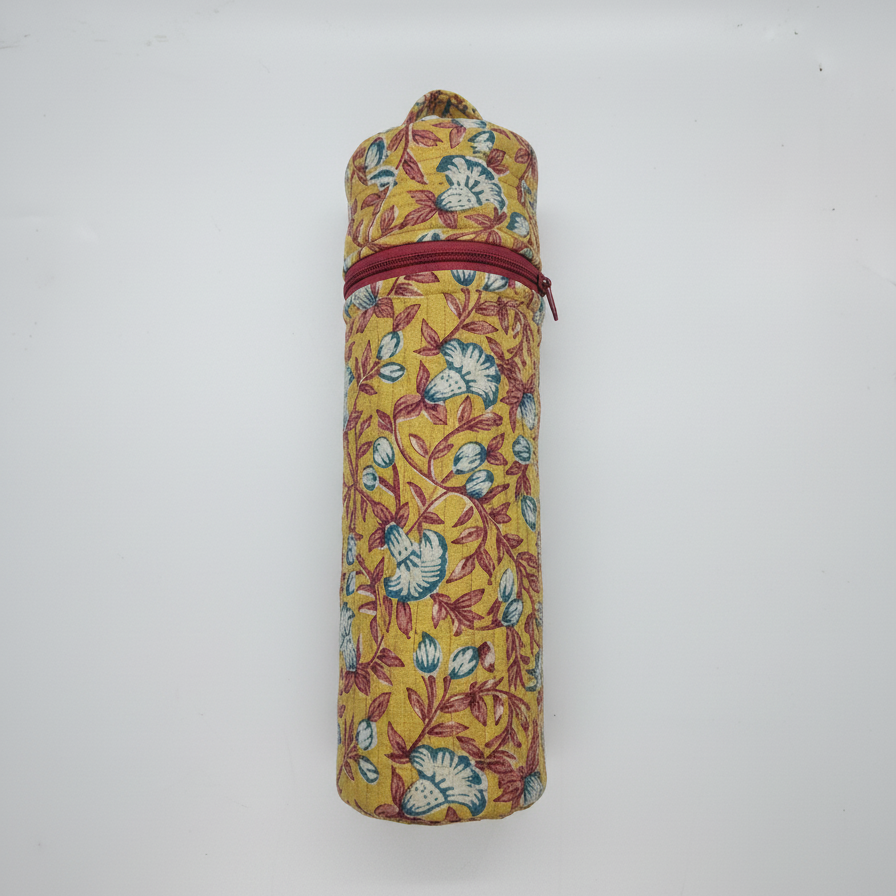Mustard Kalamkari Floral Print Bottle Cover