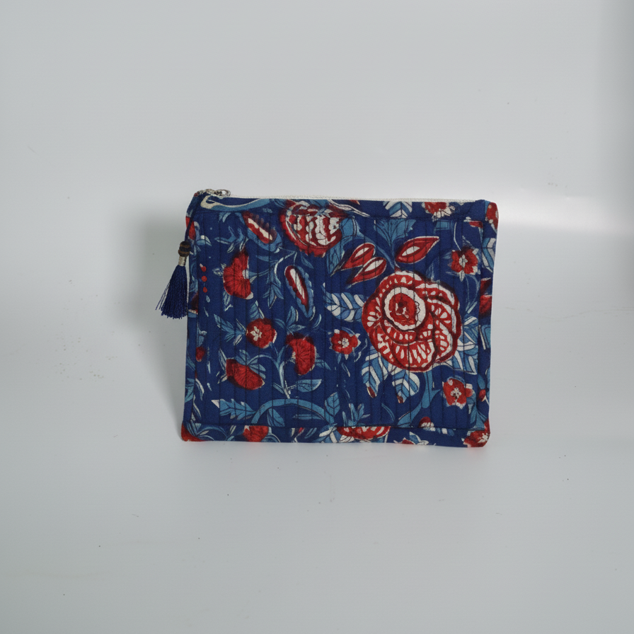 Navy Blue Kalamkari Floral Print Cotton Pouch